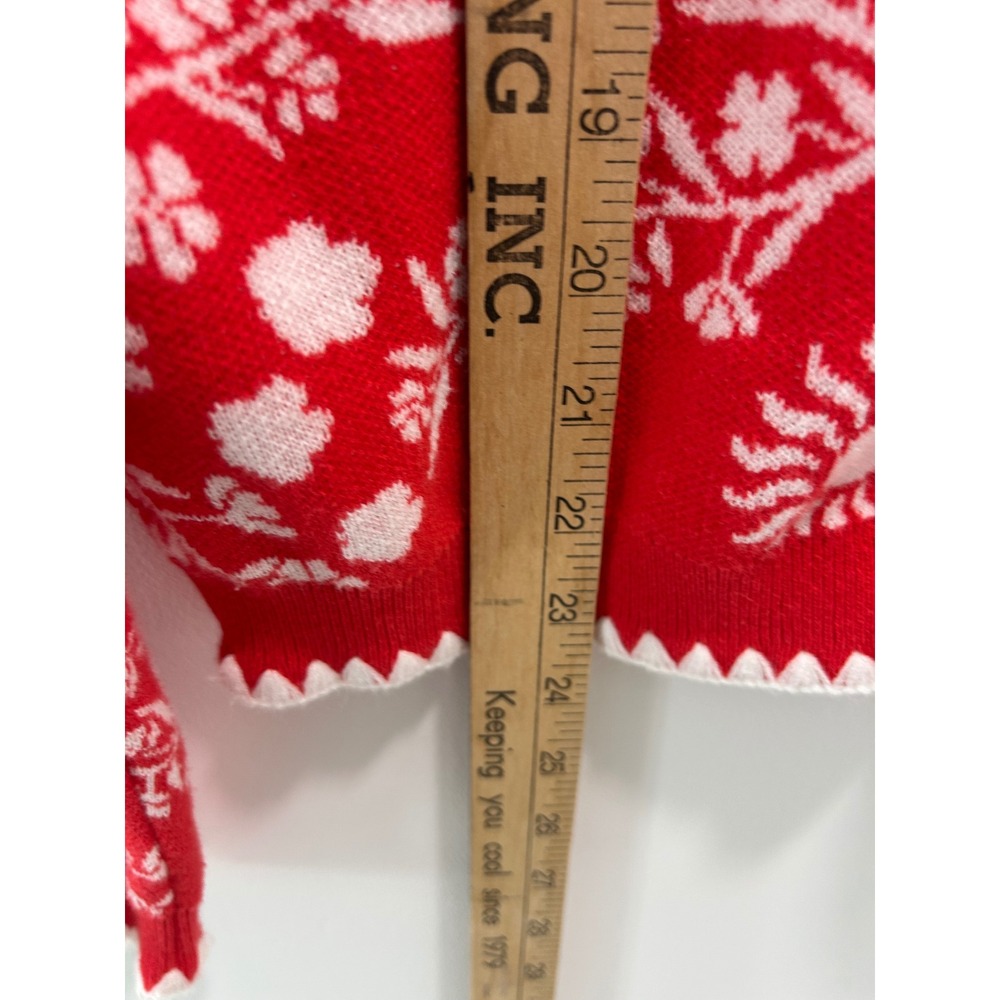 Cynthia Rowley Red White Tropical Palm Tree Scalloped Cotton Cardigan Sweater M - Picture 6 of 9